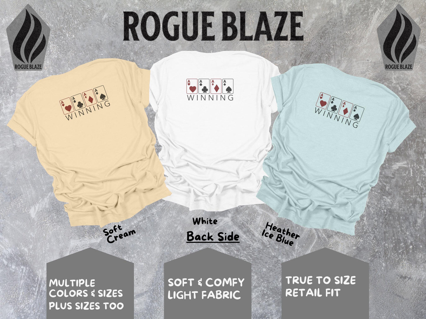 a group of three shirts with the words rougblaze on them