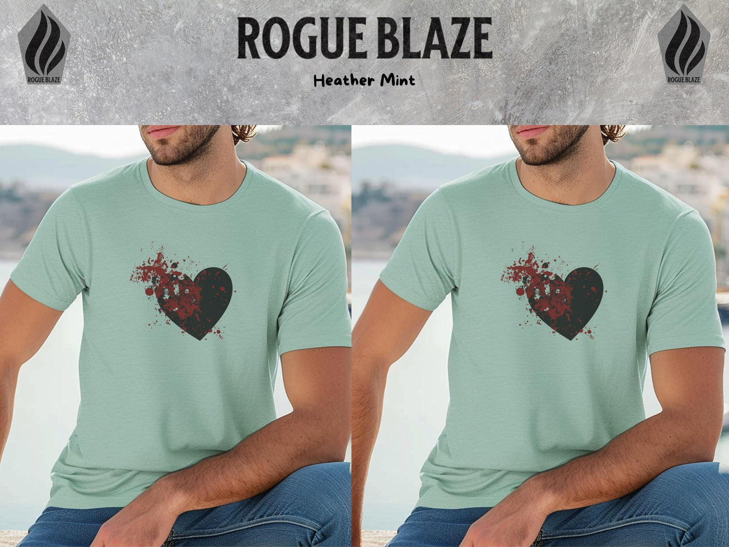 a man wearing a t - shirt with a heart on it
