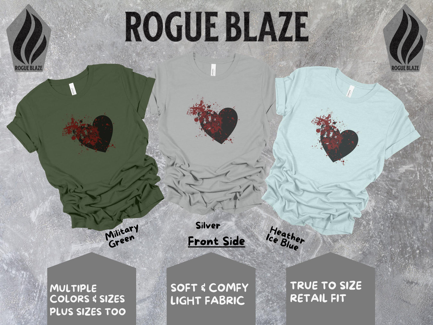 a group of three shirts with a heart on them