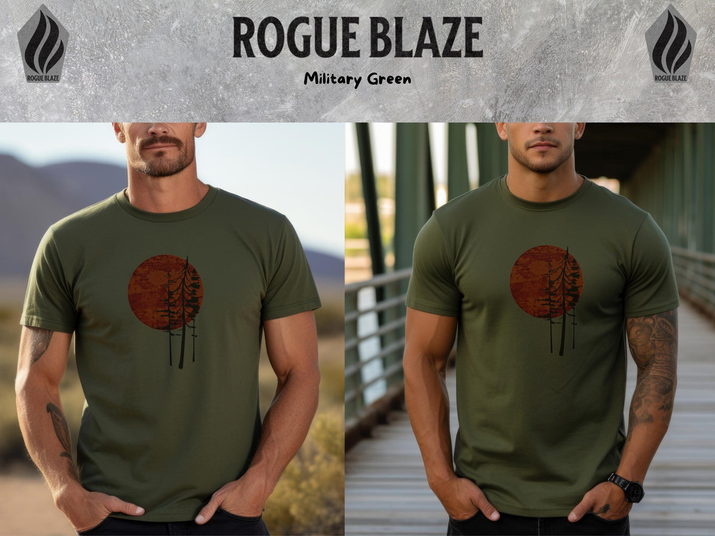 a man wearing a green t - shirt with a picture of a tree on it