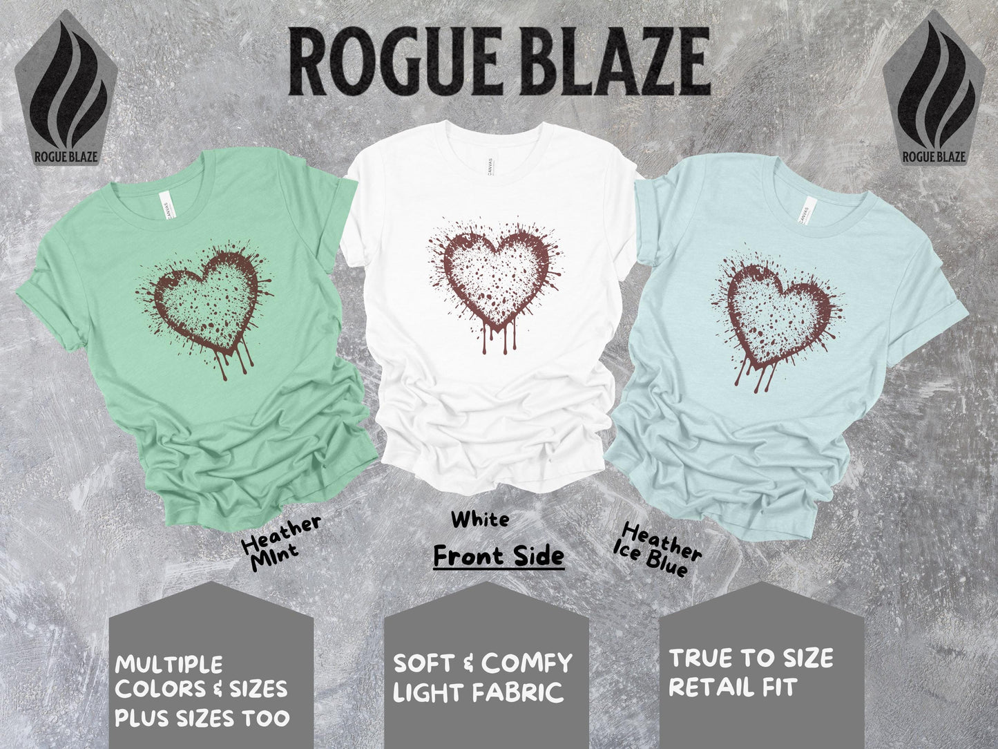 three shirts with a heart drawn on them