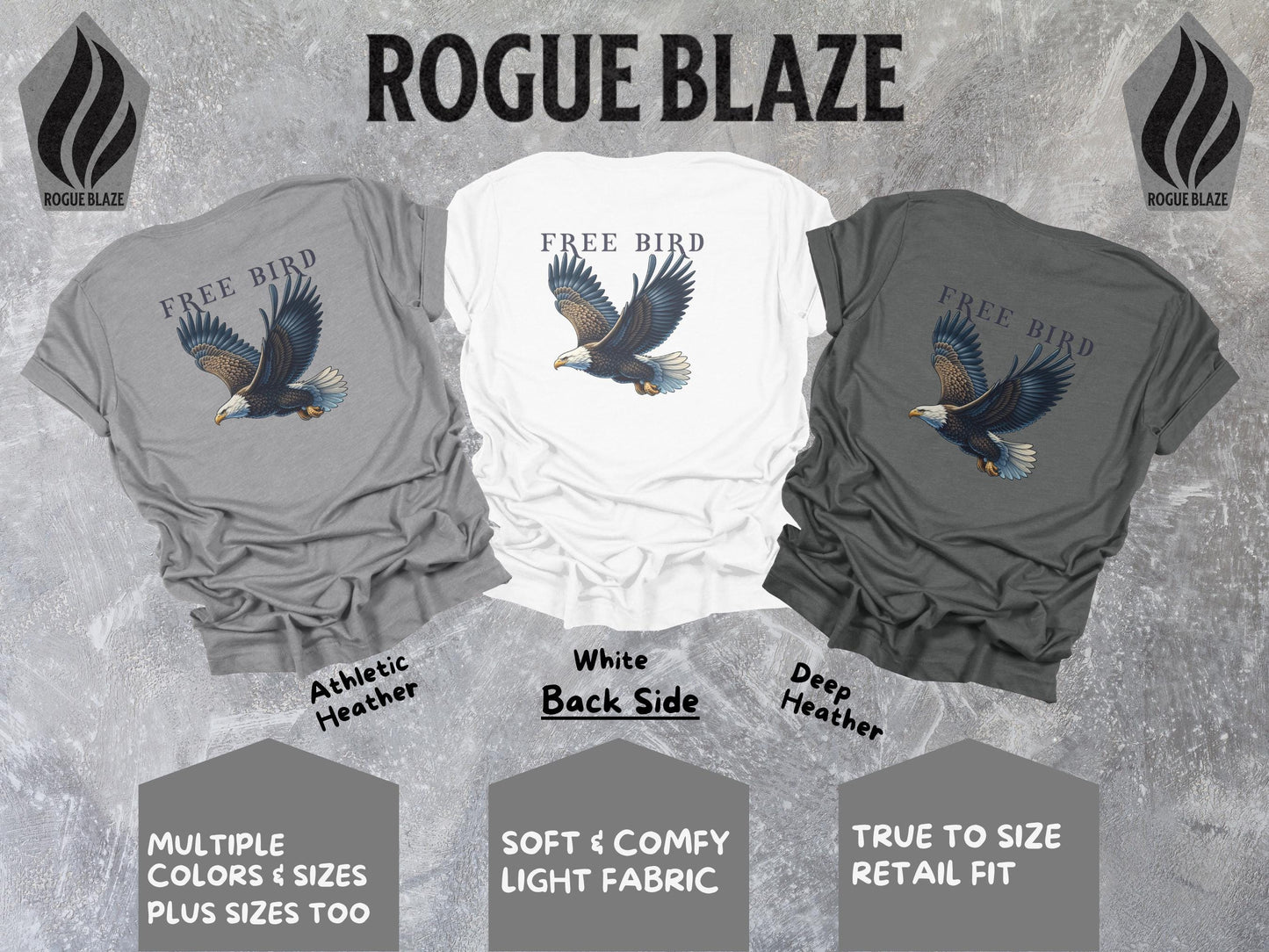 a group of three shirts with eagle designs on them