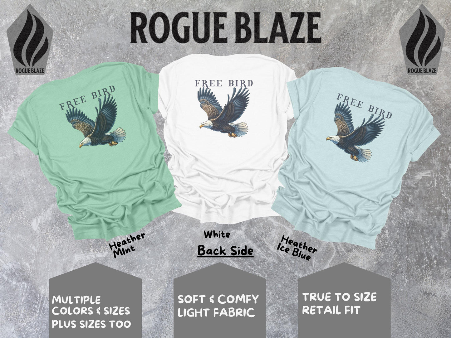 a group of three shirts with eagle designs on them