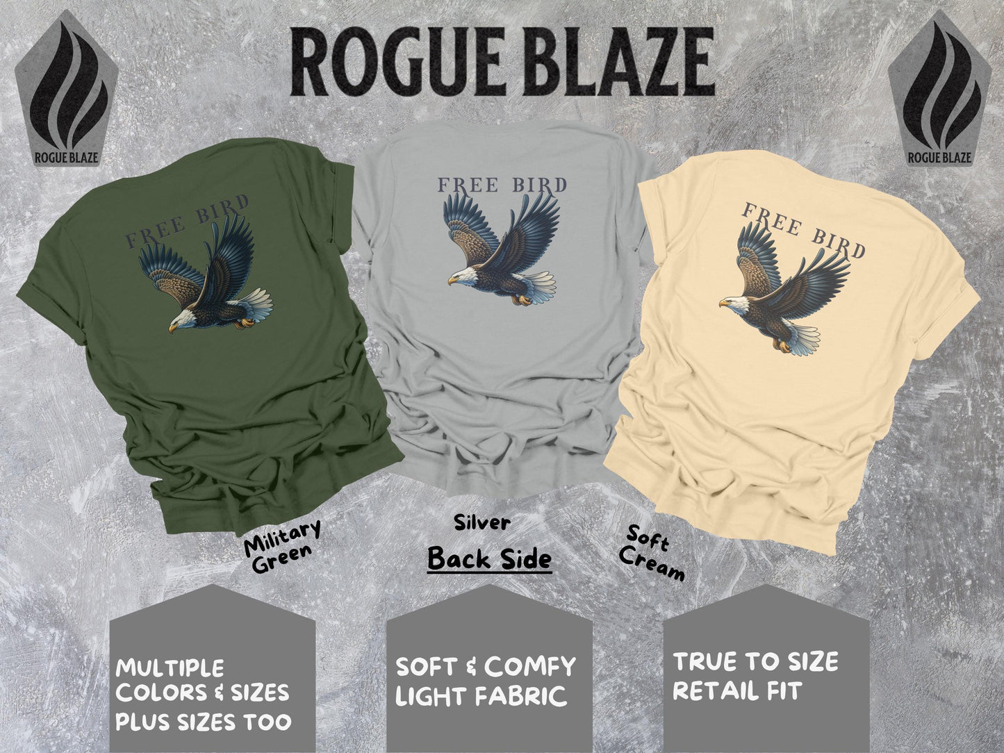 a group of three shirts with eagle designs on them