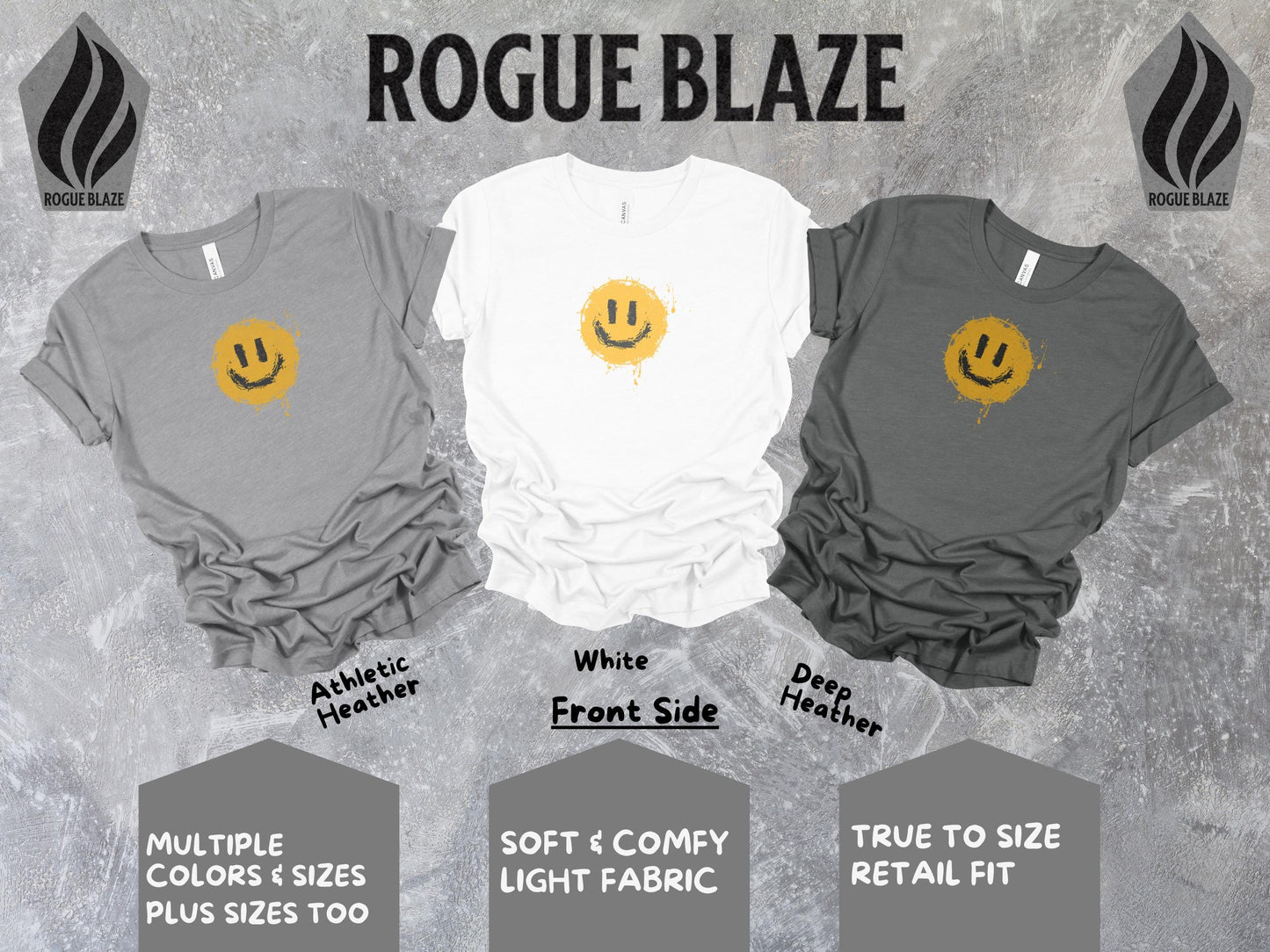 a group of three shirts with a smiley face on them