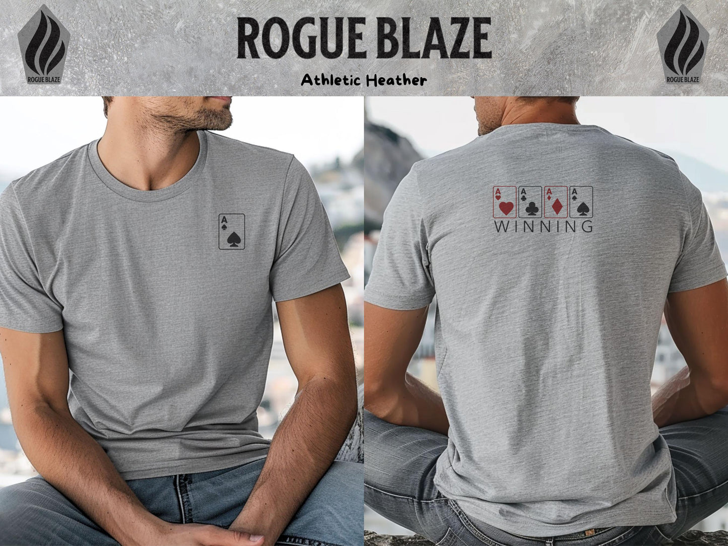 a man sitting on a rock wearing a t - shirt that says roque blaze