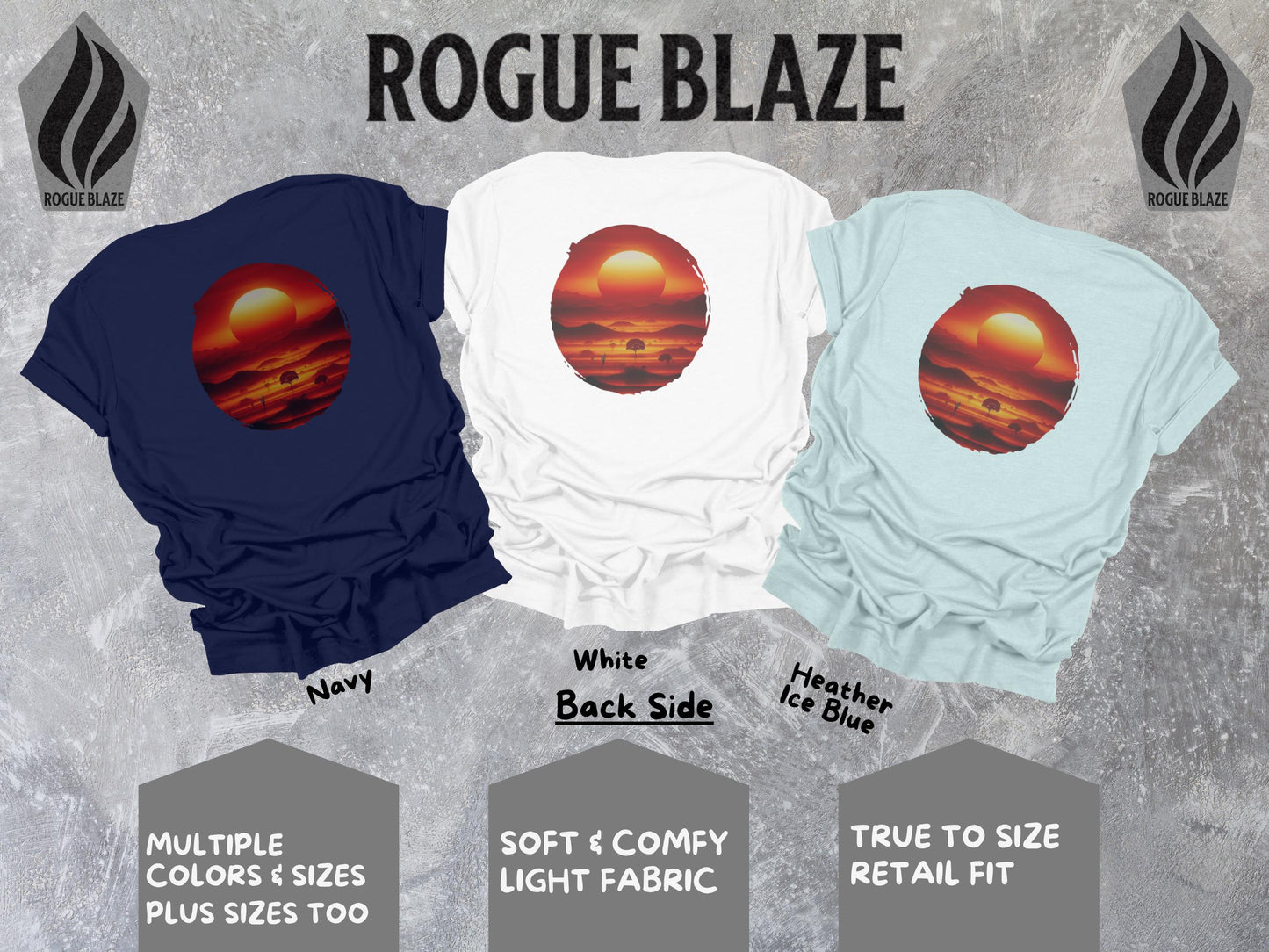 a group of three shirts with a picture of a sunset