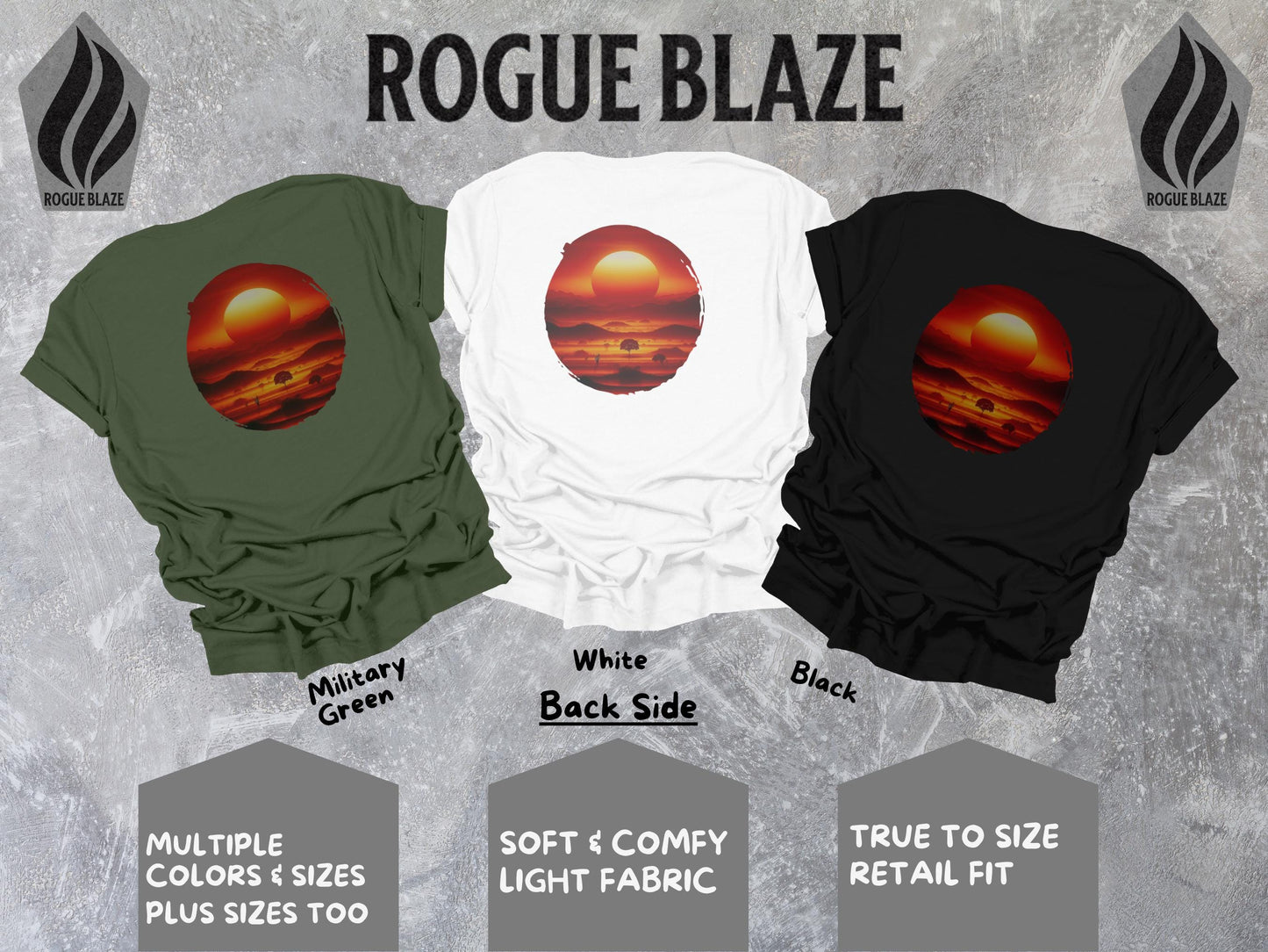 a group of three shirts with a picture of a sunset