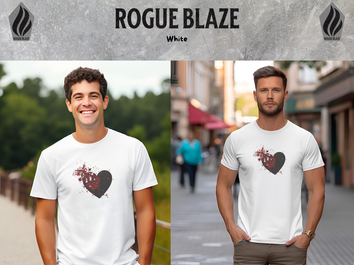 two photos of a man in a t - shirt with a heart on it