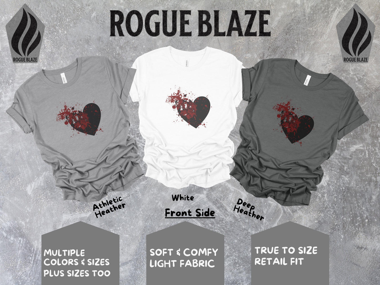 a group of three shirts with a heart on them