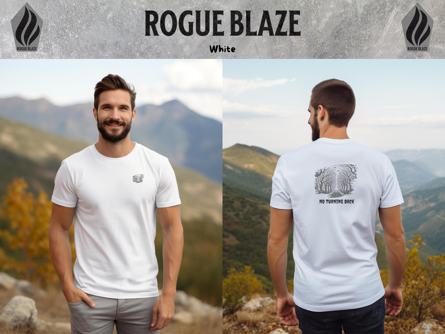 a man wearing a white t - shirt with a mountain view in the background