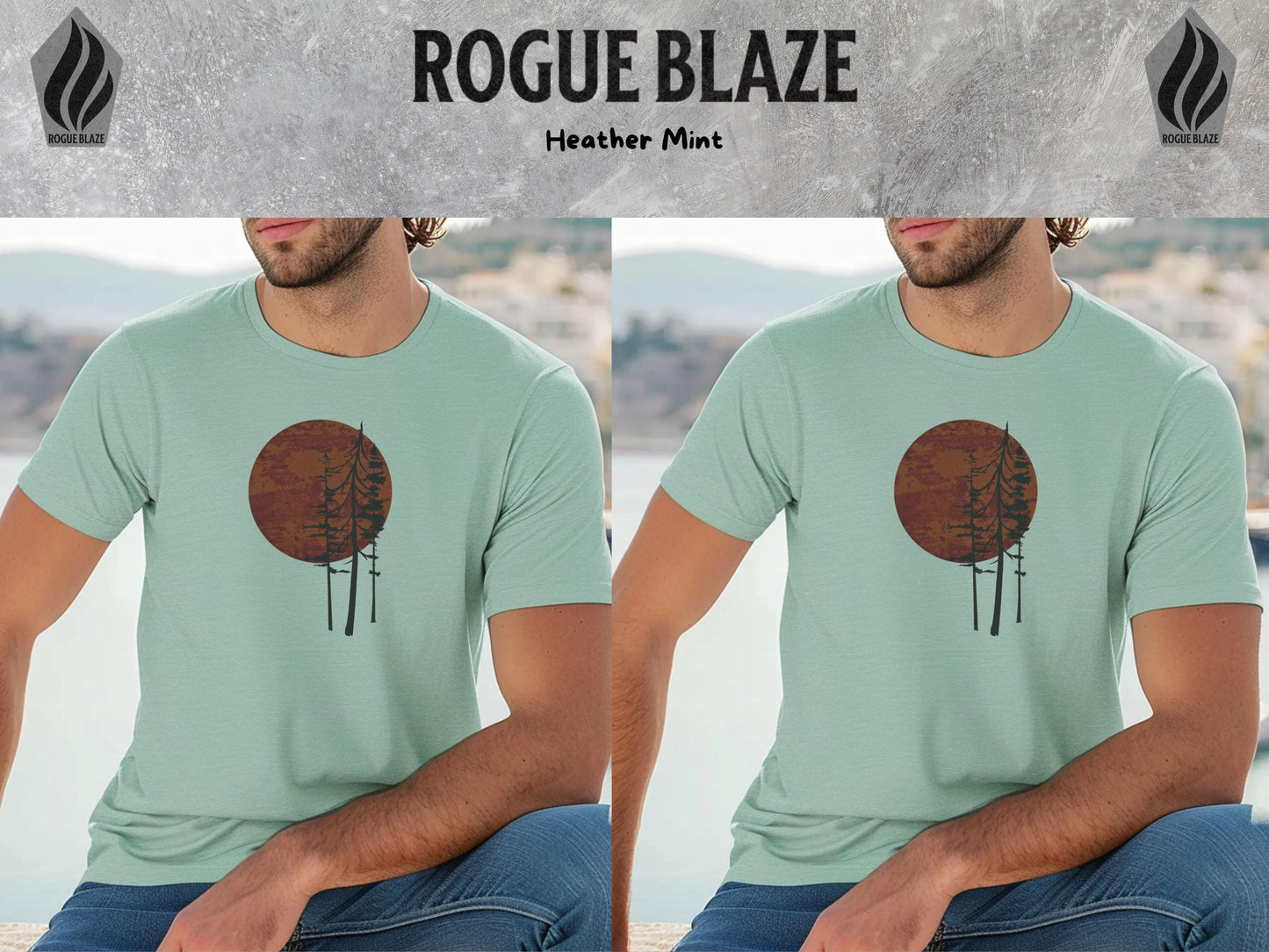 a man wearing a t - shirt that has a picture of a tree on it