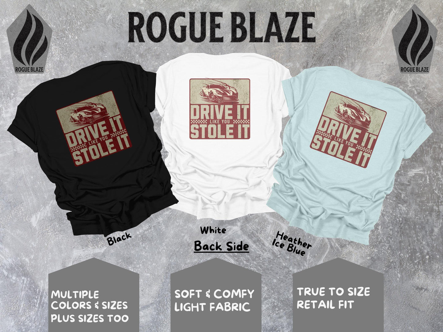 three t - shirts with the words drive it stolen on them