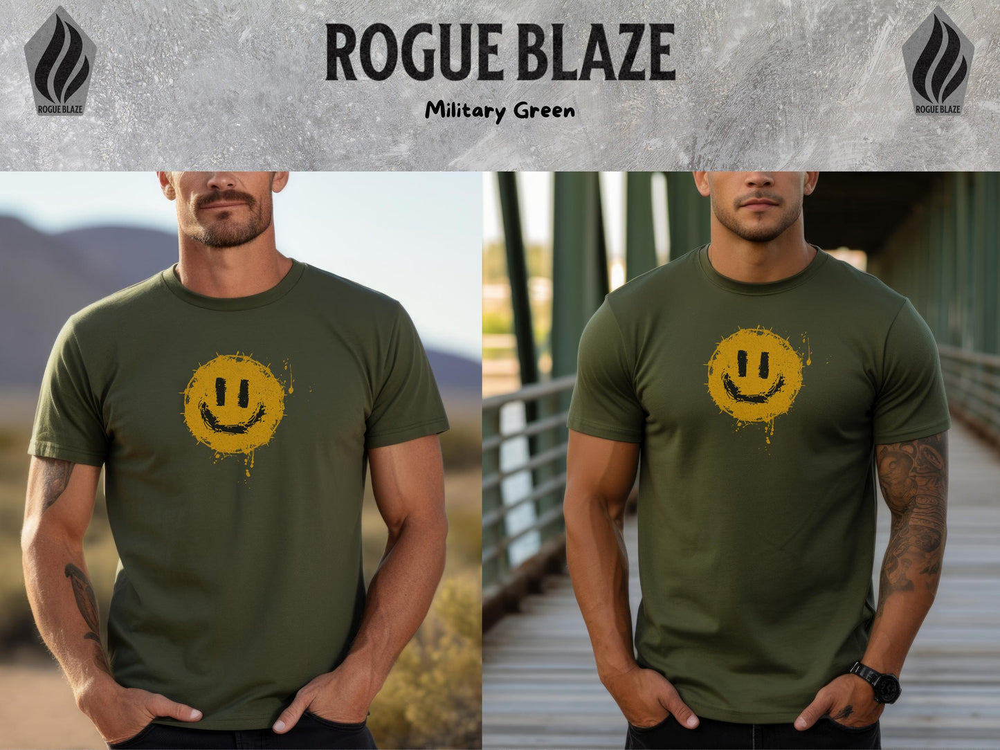 a man wearing a green t - shirt with a smiley face on it