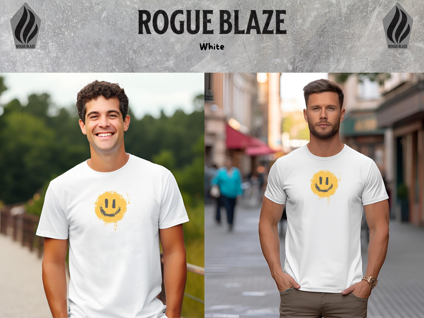 two photos of a man with a smile on his shirt