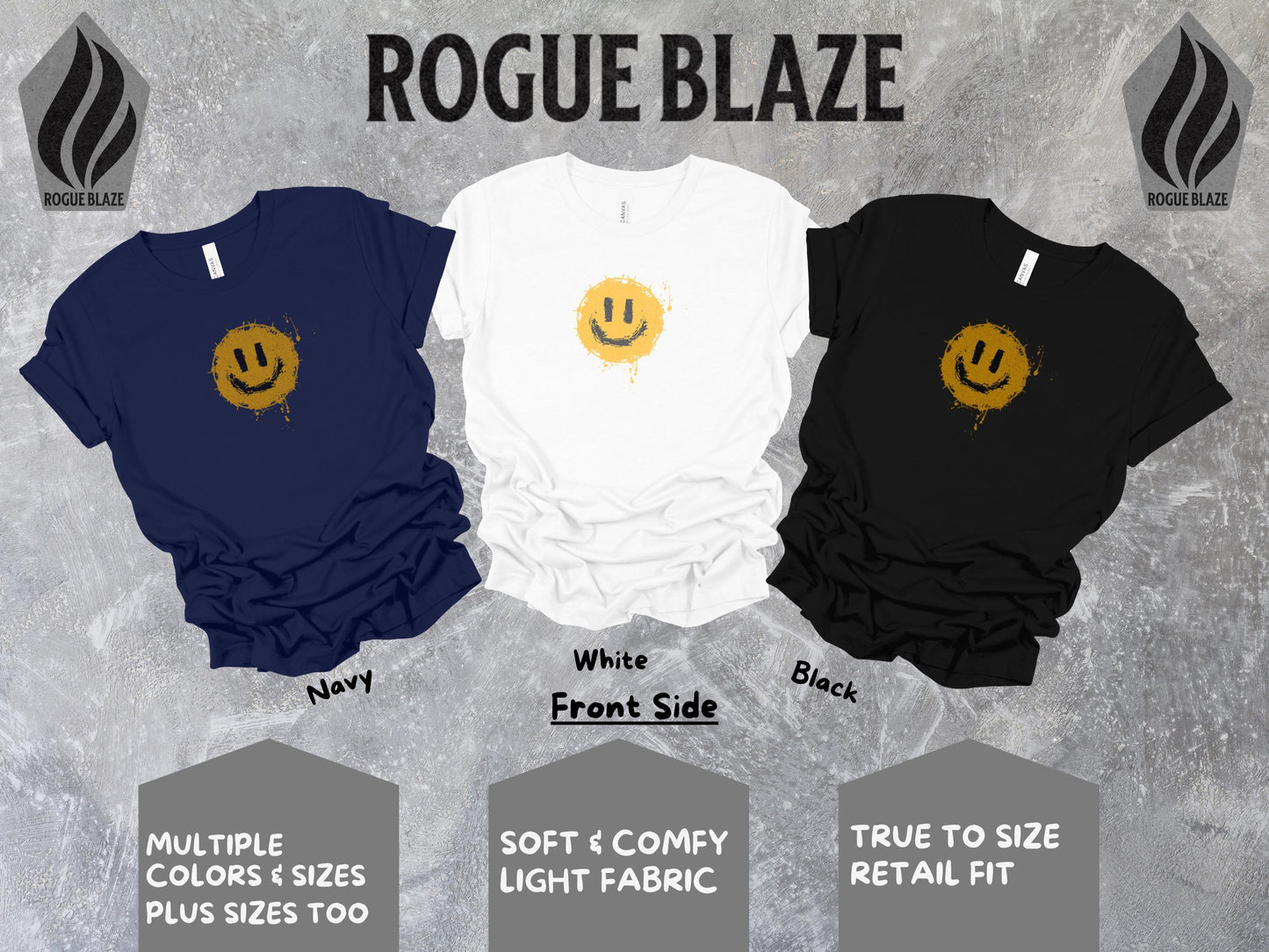 a group of three shirts with a smiley face on them
