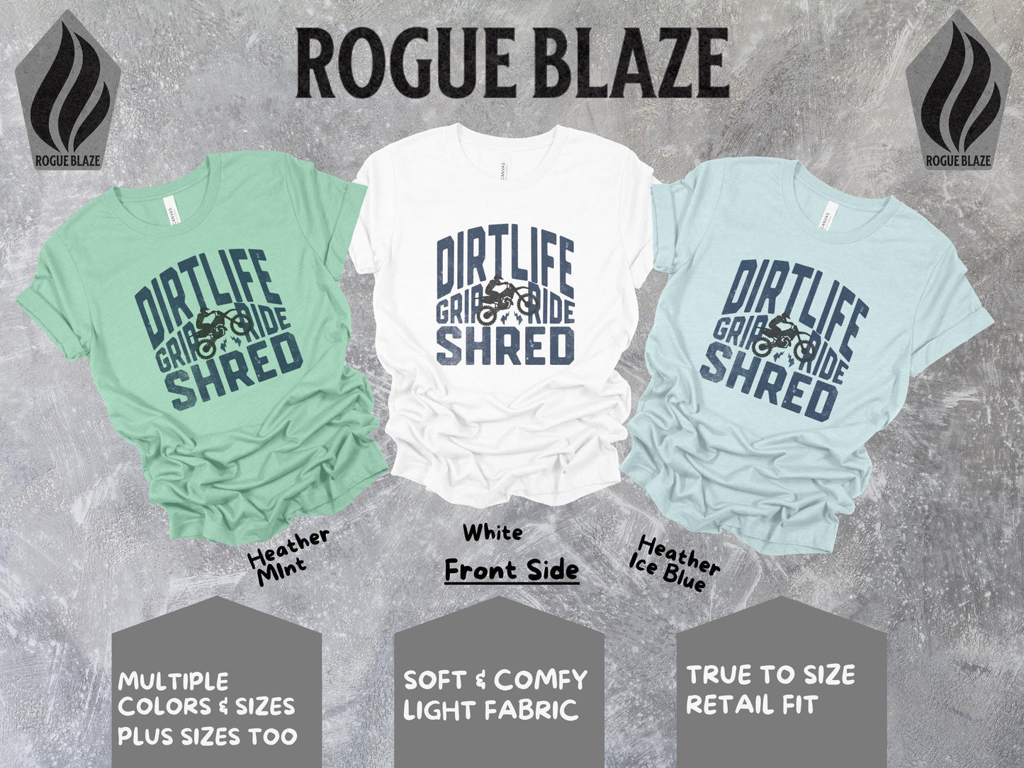 a group of three t - shirts with the words rougblaze on them