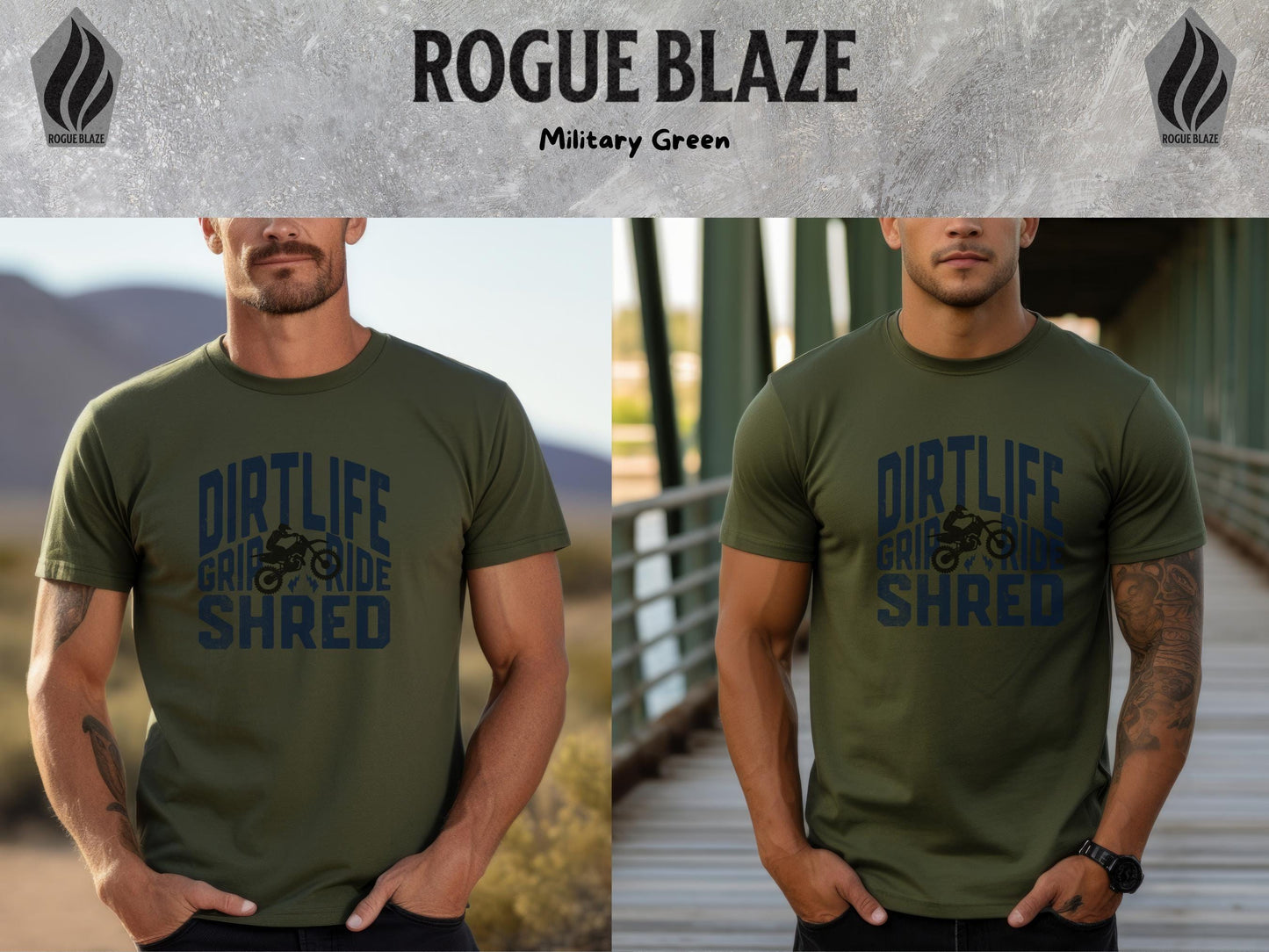 a man wearing a t - shirt that says roque blaze military green