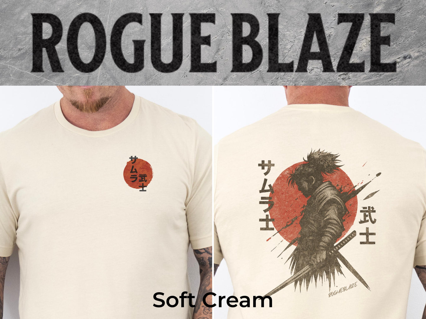 a man wearing a white t-shirt with a graphic design on the back. The design includes a character with a sword and a red circle with Japanese text. The text appears to be in Japanese, and the design is described as a "Soft Cream" style.