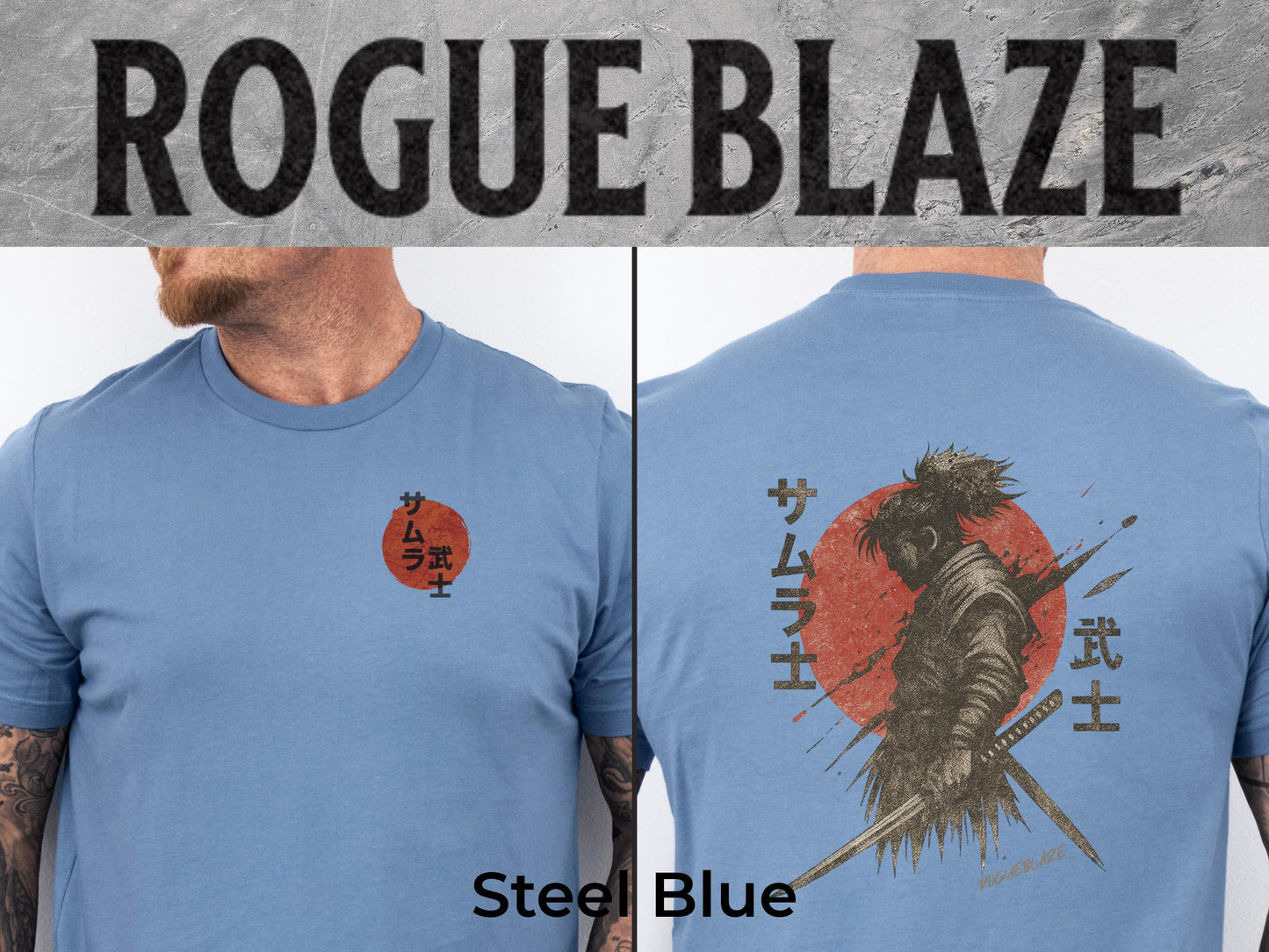 The image is a collage of two photos of a man wearing a blue t-shirt with a graphic design featuring a Japanese-style character and a red circle with Japanese text.