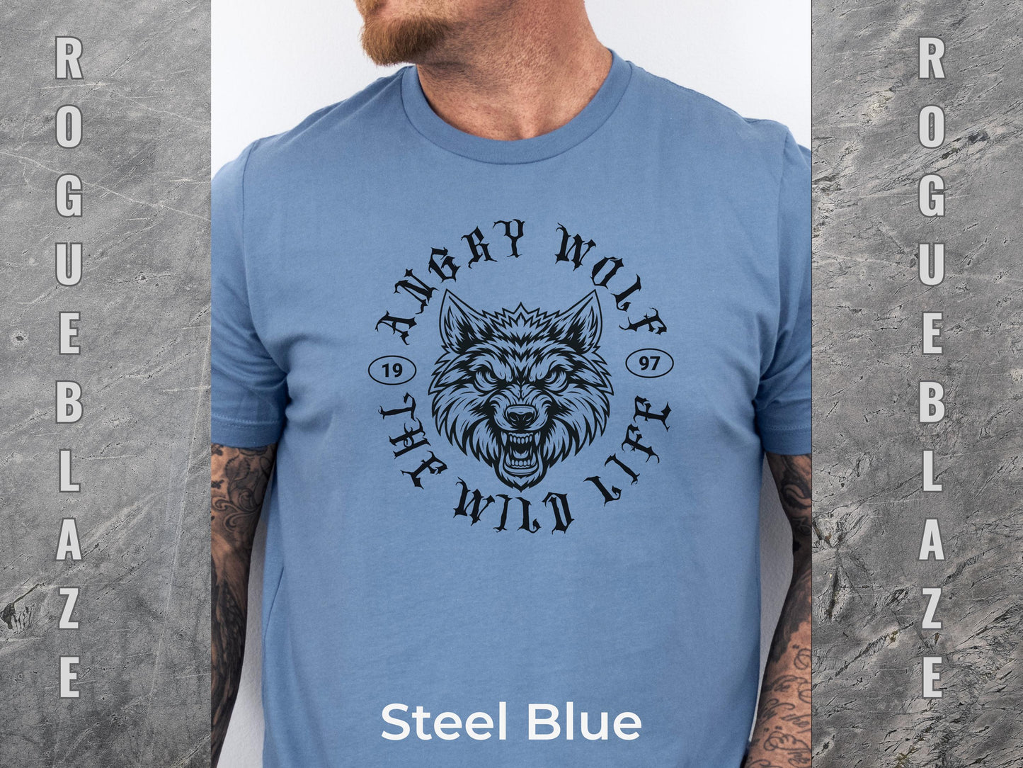 A man wearing a blue t-shirt with a graphic design of a wolf's head and the text "Angry Wolf" printed on it.