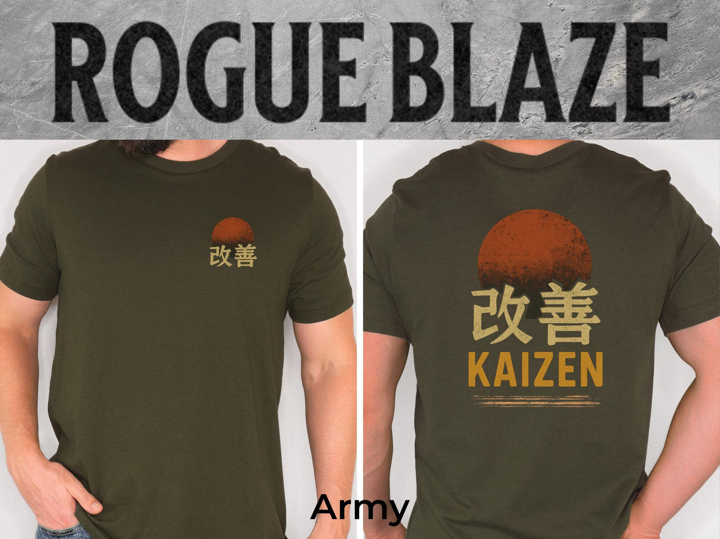 The image is a collage of two photos of a man wearing a green t-shirt with the text "RAYS" and "KAIZEN" printed on it.