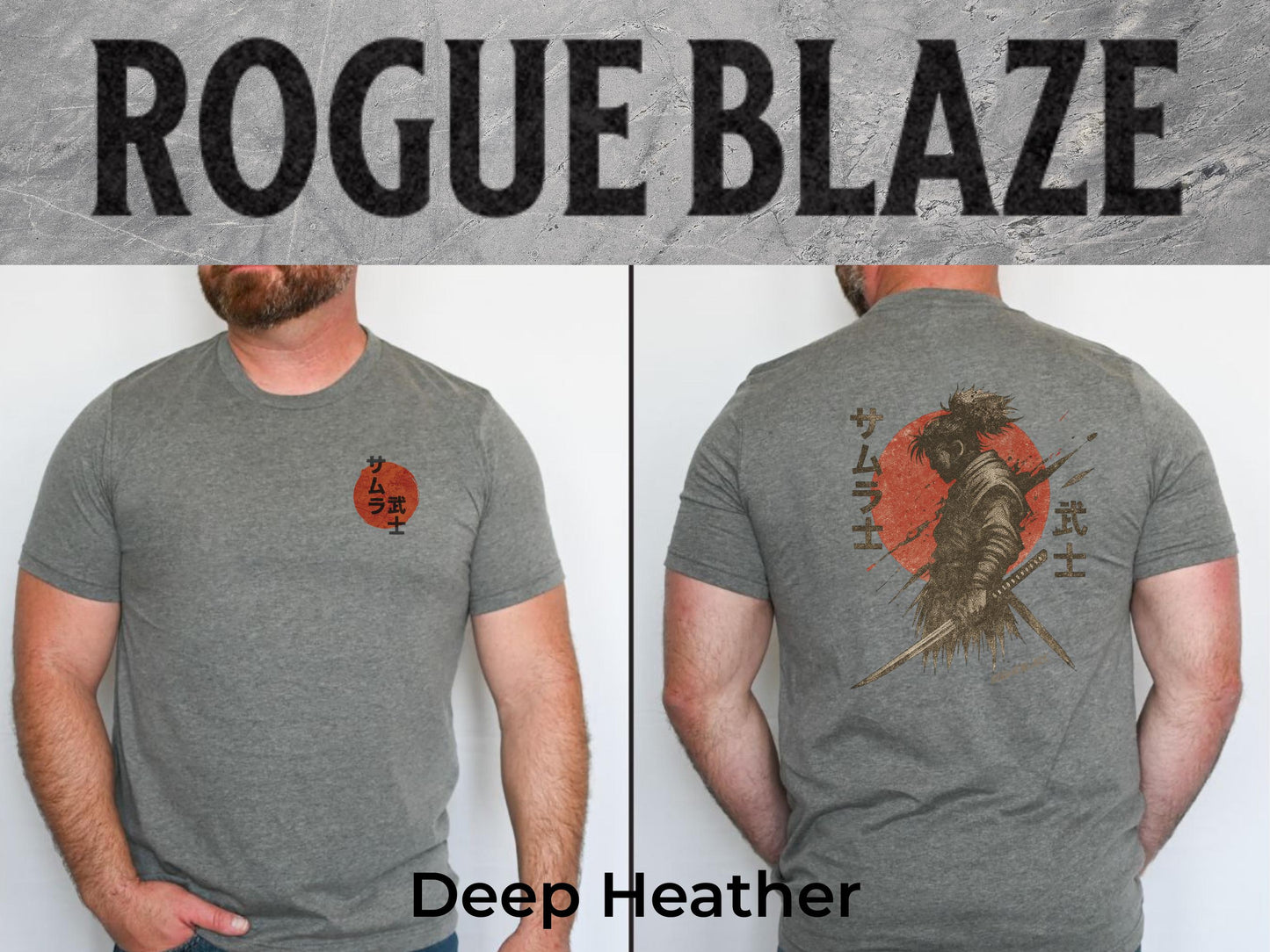 The image is a collage of two photos featuring a gray t-shirt with a graphic design on the back. The design includes a sun-like symbol and Japanese text. The text is not described in detail, and the collage does not include any additional text.