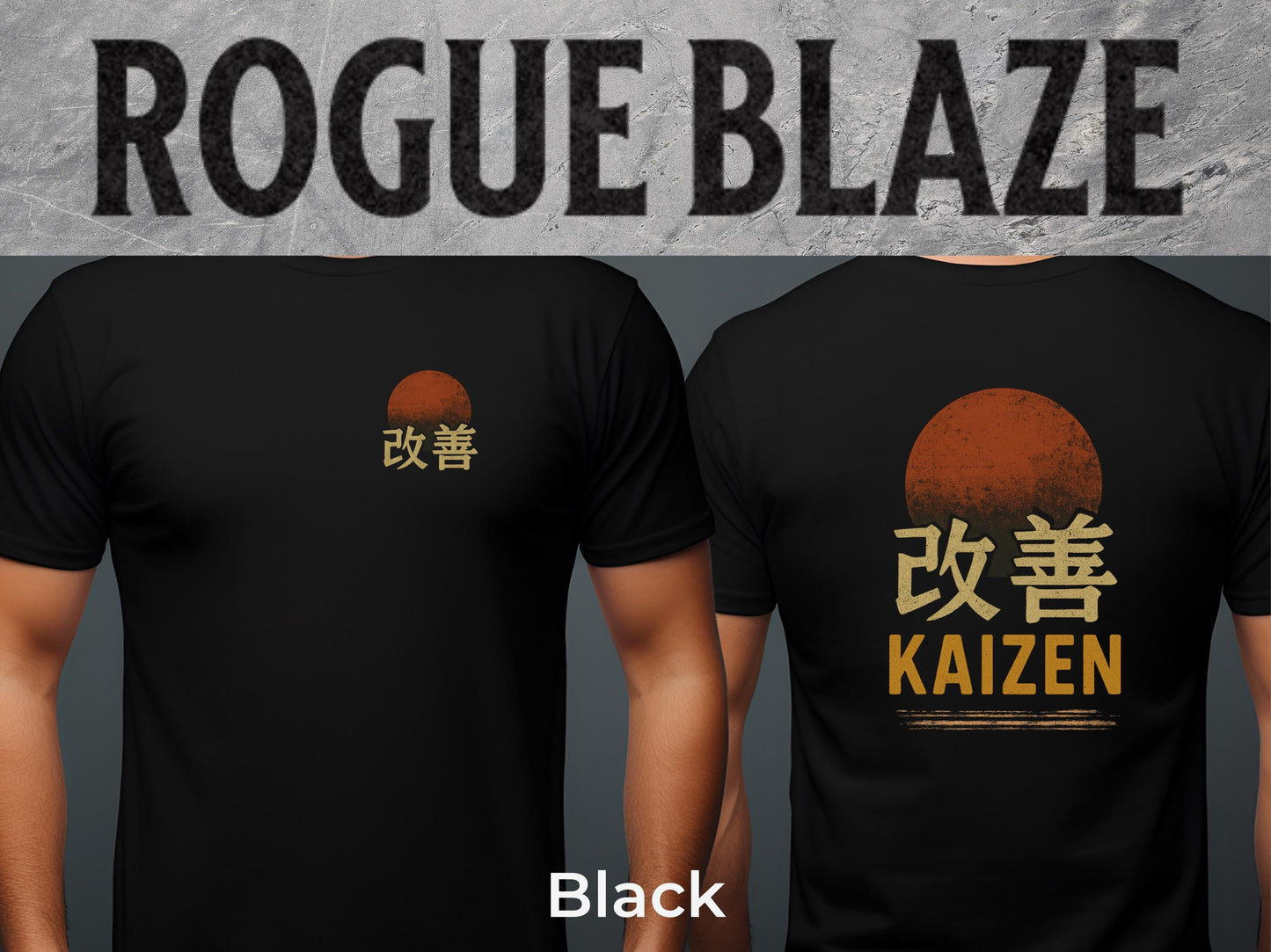 a black t-shirt with a graphic design on the back, including a sun and some Japanese text.