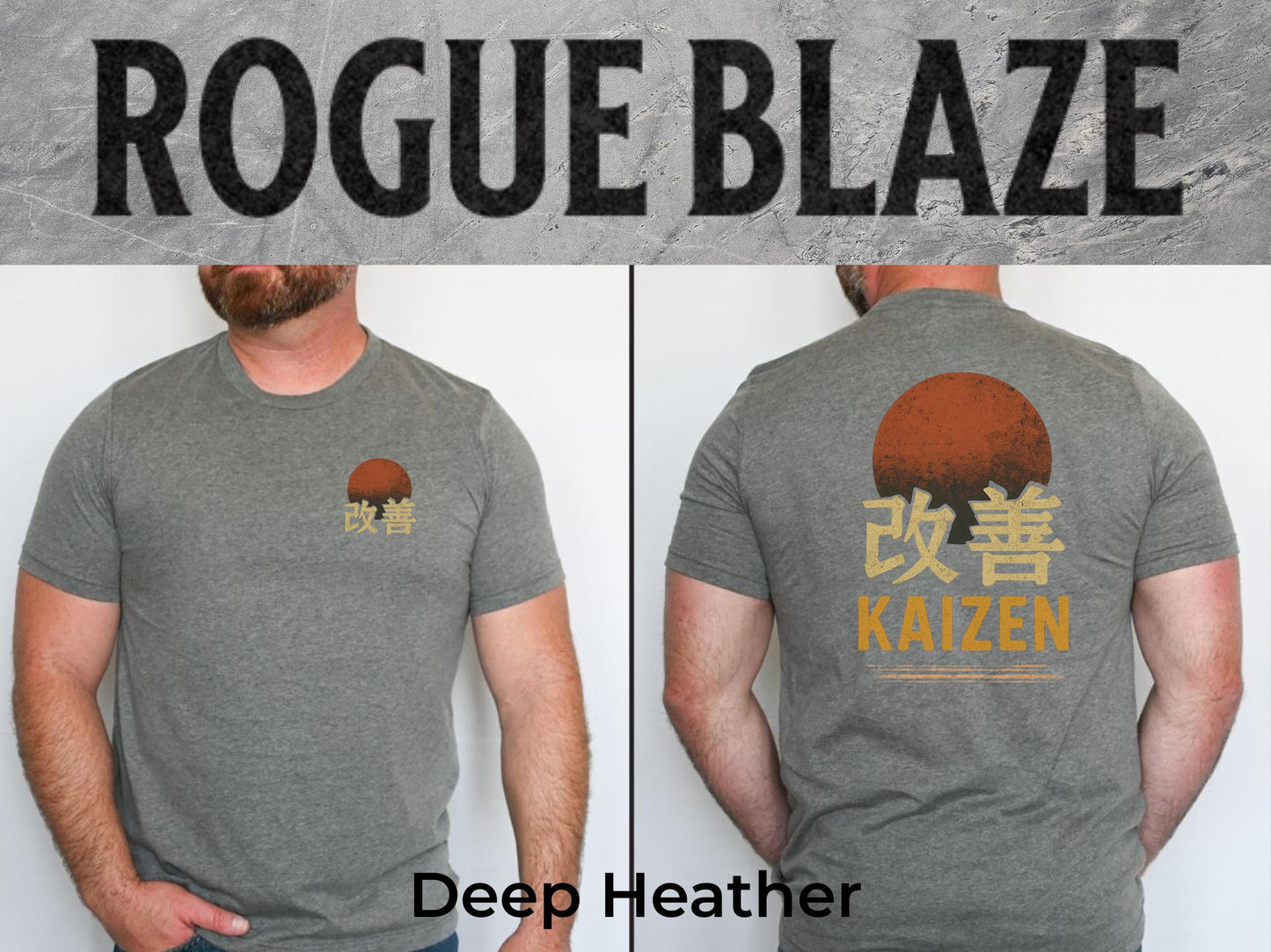 The image is a collage of two photos of a man wearing a gray t-shirt with the text "ROGUE BLAZE" and "KAIZEN" printed on it. The man is shown from the front and back, and the t-shirt has a graphic design featuring a sun and a circle.