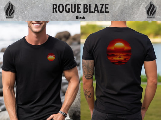 a man wearing a black shirt with a sunset on it