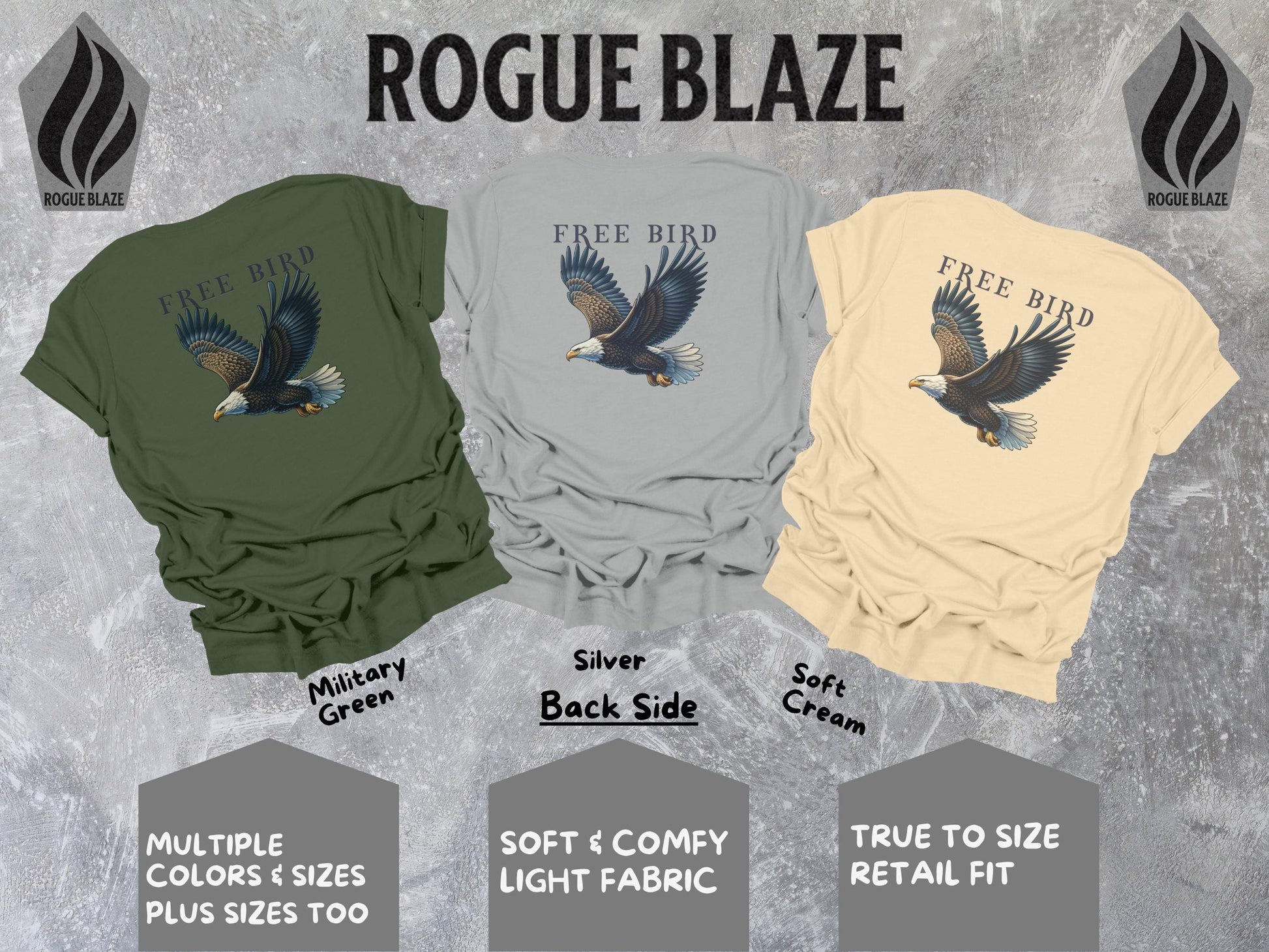 a group of three shirts with eagle designs on them