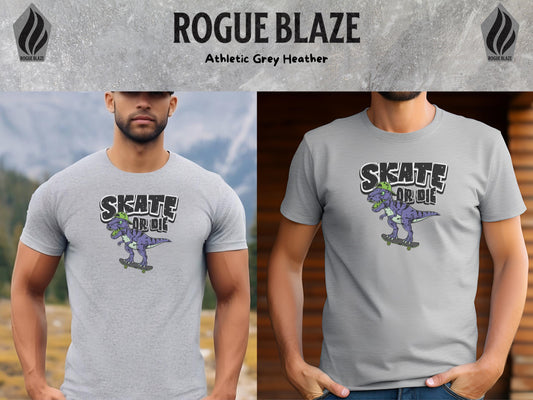 a man wearing a gray t - shirt with a skateboarder on it