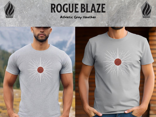 a man wearing a gray t - shirt with a red circle on it