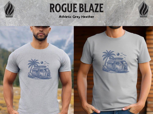 a man wearing a gray t - shirt with a picture of a camper van