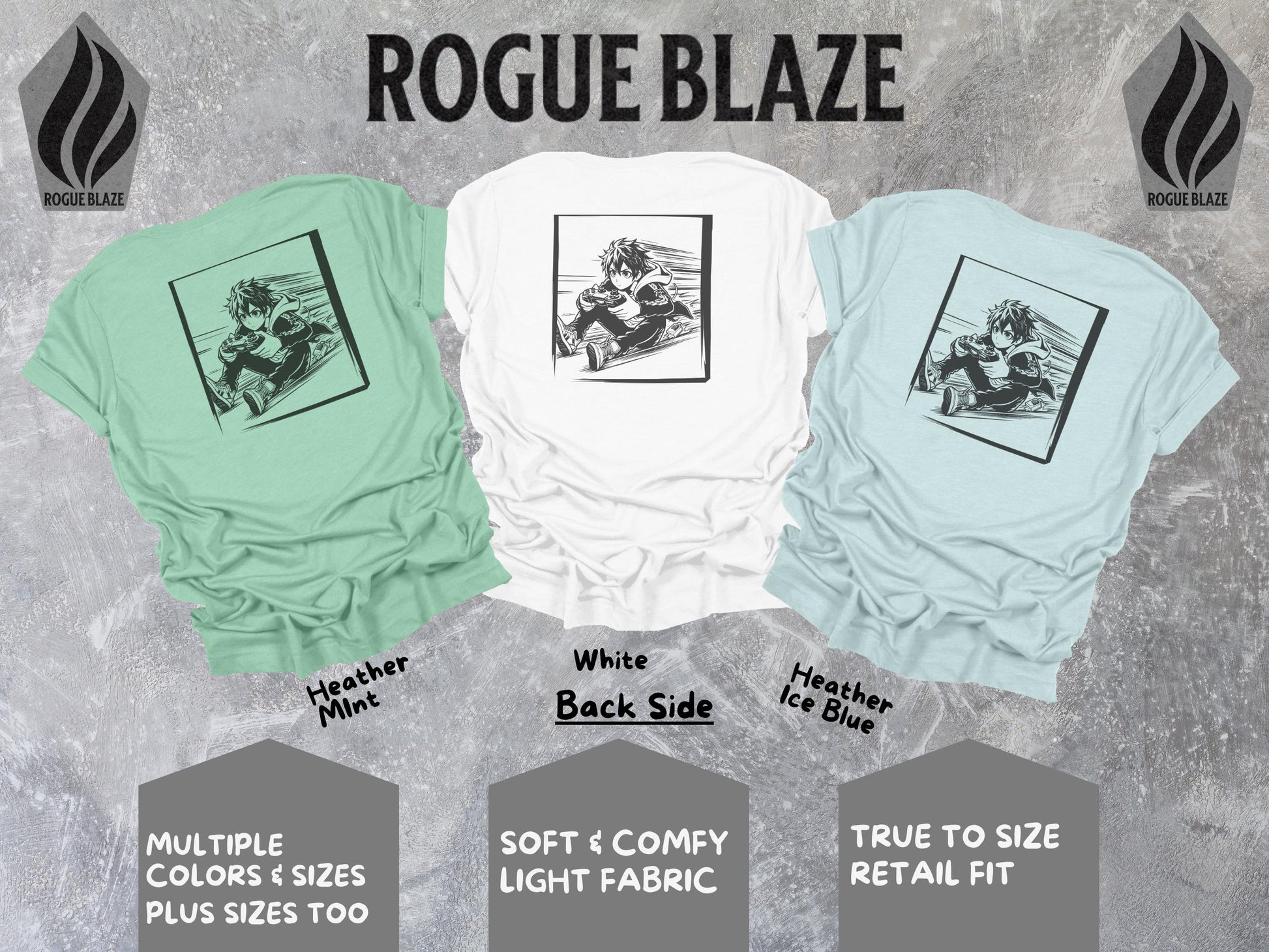a group of three shirts with different designs on them