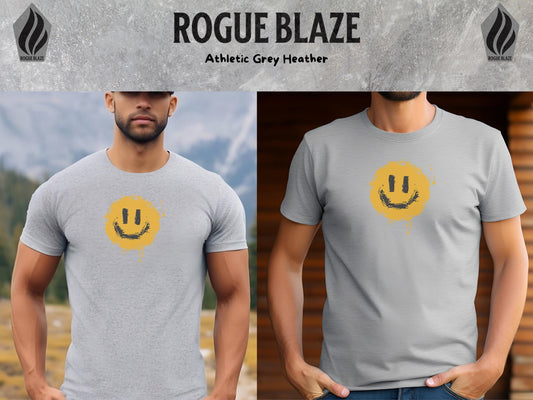 a man wearing a gray t - shirt with a yellow smiley face on it