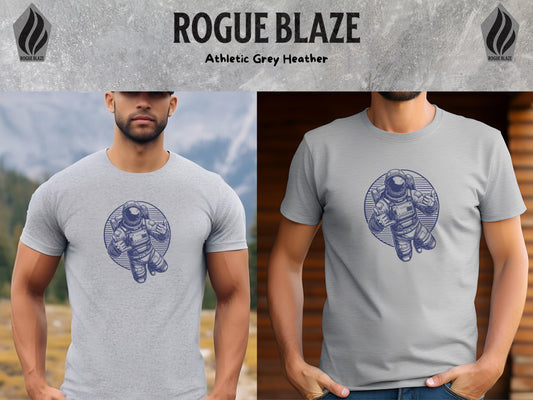 a man wearing a gray t - shirt with a picture of an astronaut on it