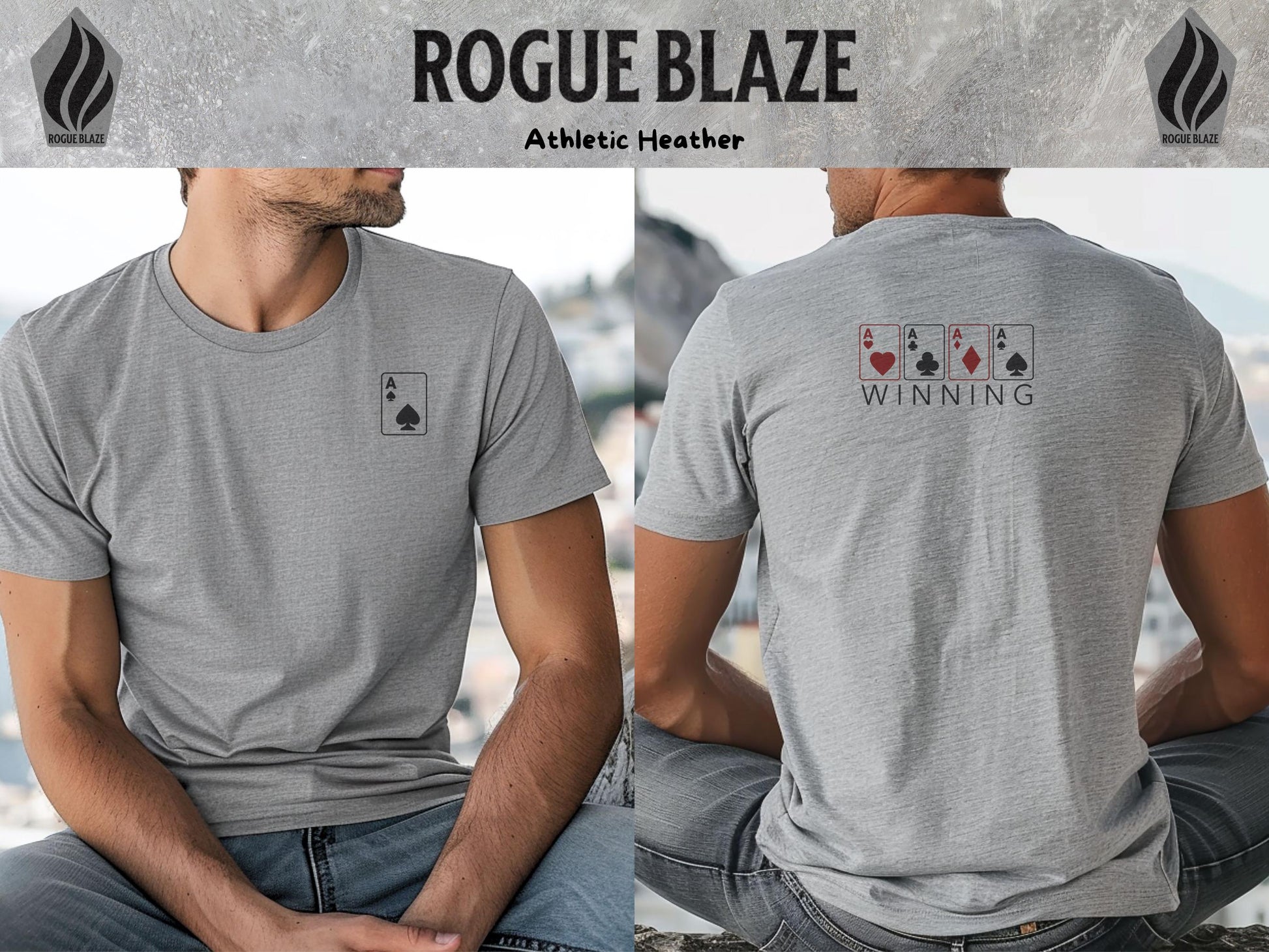 a man sitting on a rock wearing a t - shirt that says roque blaze