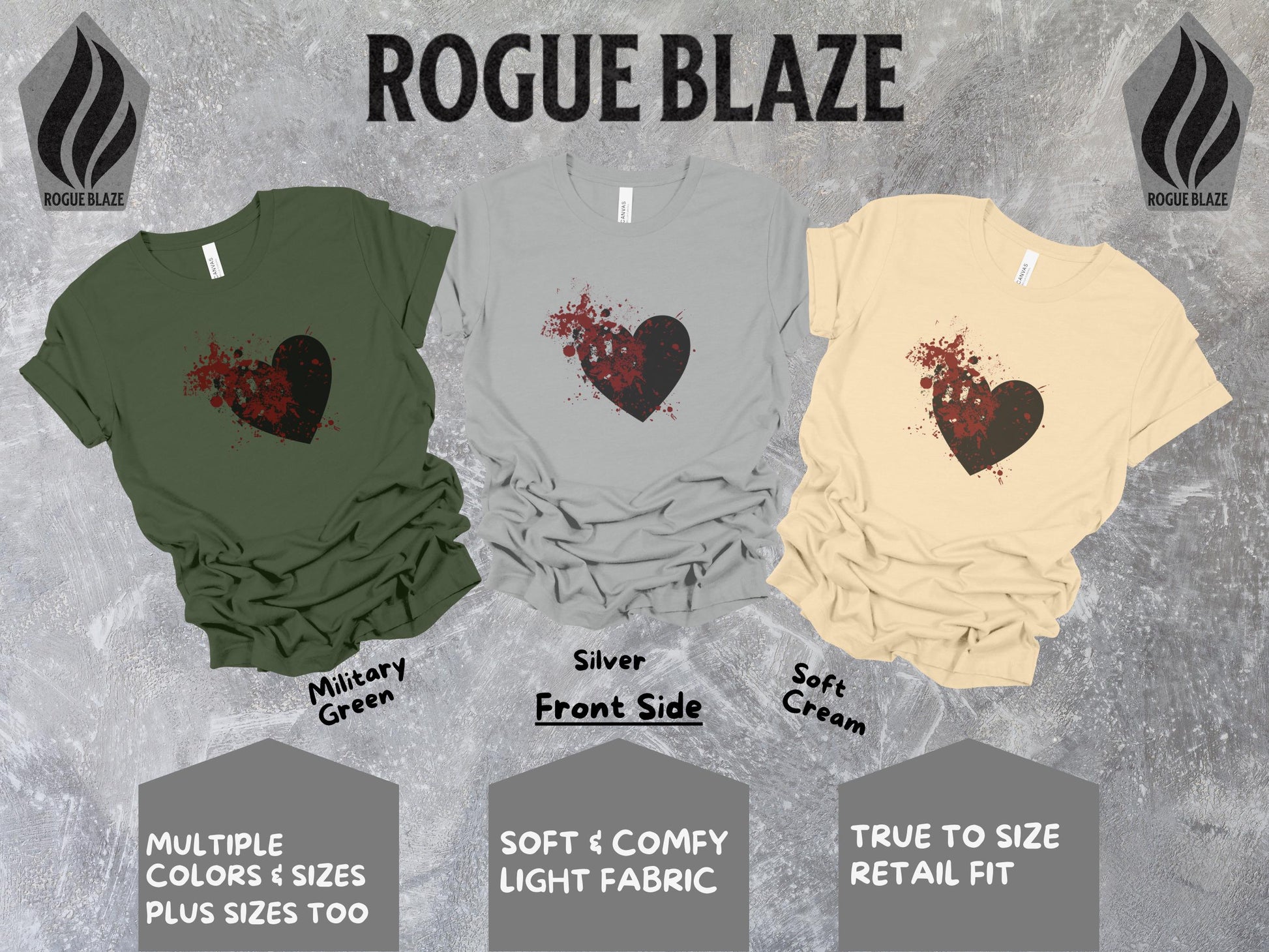 a group of three shirts with a heart on them