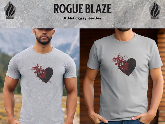 a man wearing a gray t - shirt with a heart painted on it