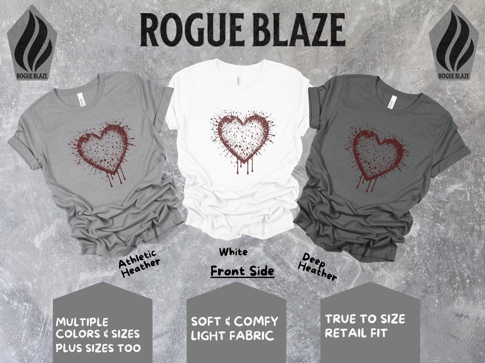 a group of three shirts with a heart on them