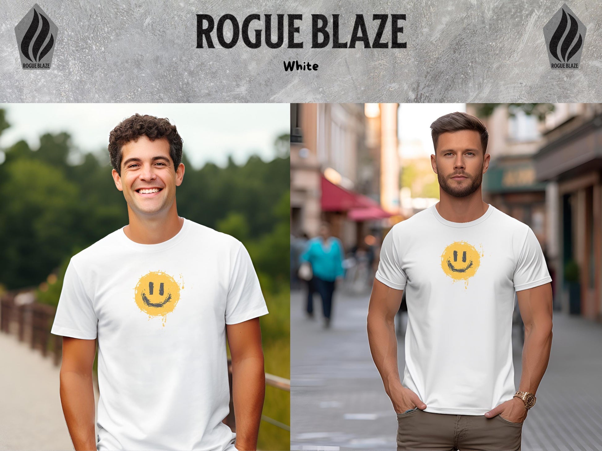 two photos of a man with a smile on his shirt