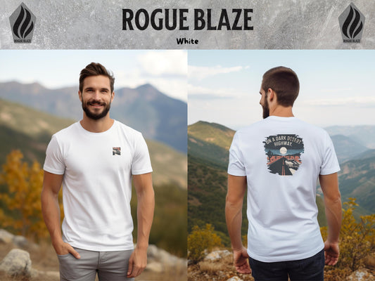 a man wearing a white t - shirt with a mountain view in the background