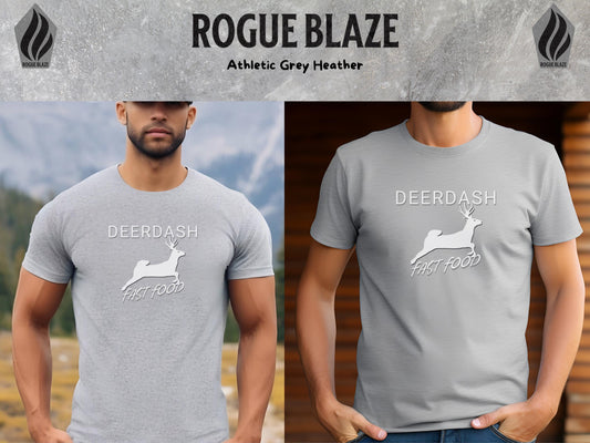 a man wearing a grey t - shirt with a deer on it