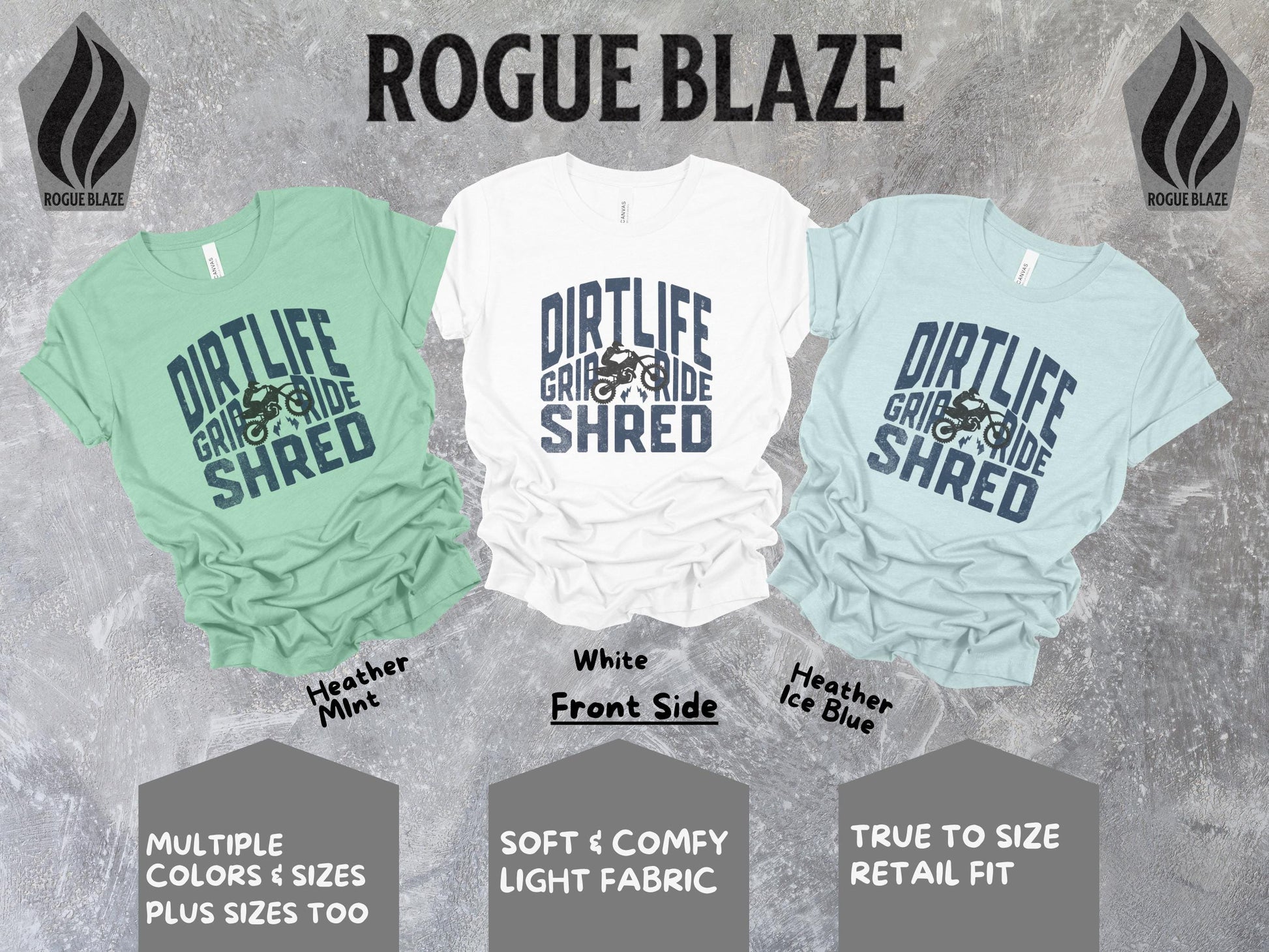 a group of three t - shirts with the words rougblaze on them