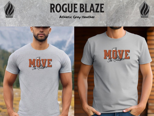 a man wearing a grey t - shirt with the word move on it