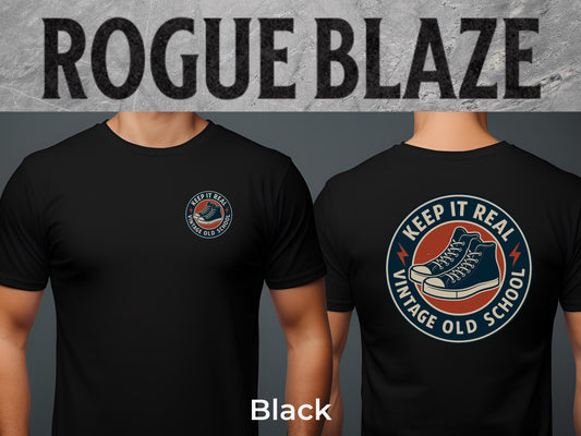 a black t-shirt with a graphic design on the back, including a pair of sneakers and the text &quot;KEEP IT REAL VINTAGE OLD SCHOOL&quot;.