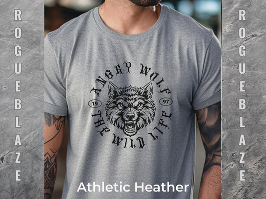 A man wearing a gray t-shirt with a graphic design of a wolf&#39;s head and the text &quot;Angry Wolf&quot; printed on it.
