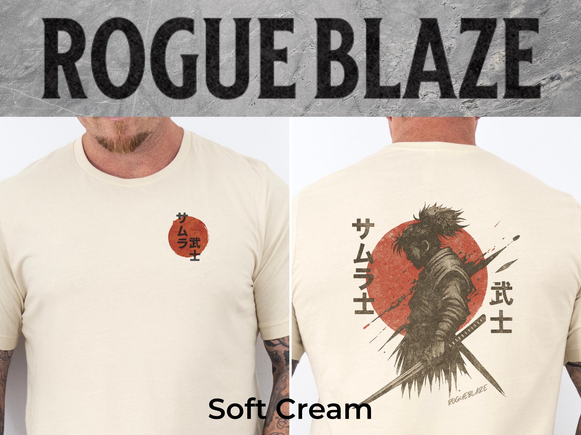 a man wearing a white t-shirt with a graphic design on the back. The design includes a character with a sword and a red circle with Japanese text. The text appears to be in Japanese, and the design is described as a &quot;Soft Cream&quot; style.