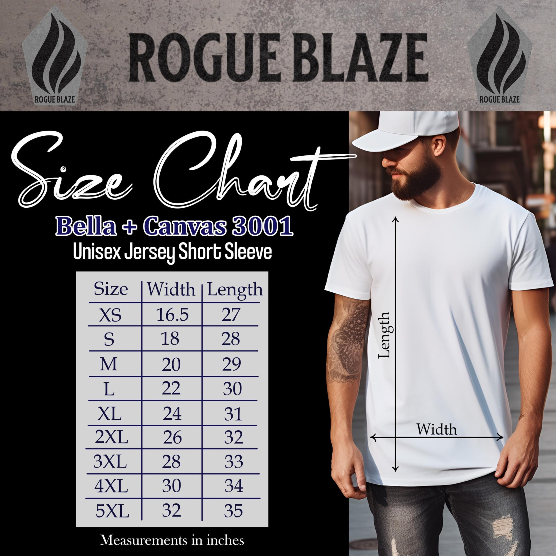 The image is a size chart for Rogue Blaze t-shirts, featuring a man wearing a white t-shirt and jeans. The chart provides measurements for different waist and length sizes, along with the corresponding widths.